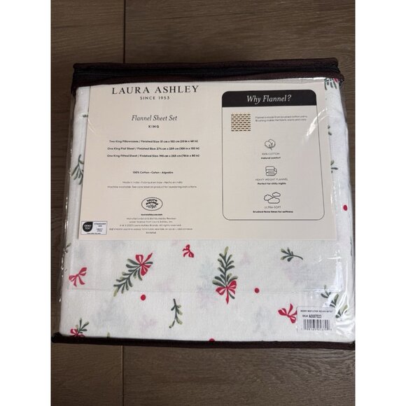 NEW Laura Ashley King Flannel Sheet Set Merry Mistletoe Christmas Pinecone Bow - Picture 6 of 7